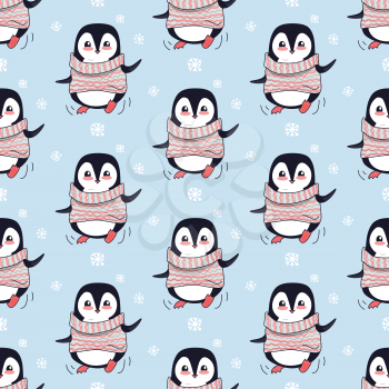 Seamless pattern with penguin animal in cute red sweater. Endless texture with funny polar winter bird. Wallpaper design with cartoon character. Wild penguin in flat style design. Vector