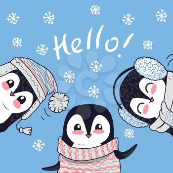 Hello conceptual banner. Three little penguins saying greetings. Penguin animals in sweater, hat and headphones. Endless texture with polar winter birds. Wallpaper design with cartoon character. Vecto