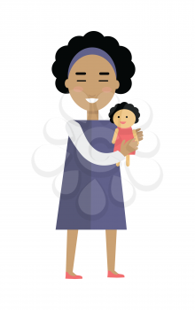Playful child vector. Flat design. Smiling girl with black curly hair and in blue dress standing with doll in hands. Traditional toys to play motherhood. For childhood concepts. Isolated on white