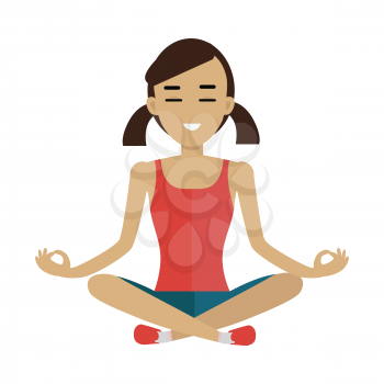 Young woman in red shirt and blue shorts making meditation in lotus pose. Zen woman in yoga pose. Meditating woman. Isolated object in flat design on white background.