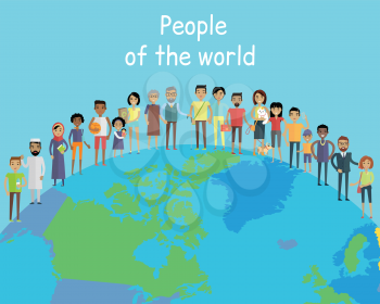 People of the world vector concept in flat design on the abstract globe. Couples with children. Peoples of all ages and human races in national clothes, different poses and variety professions