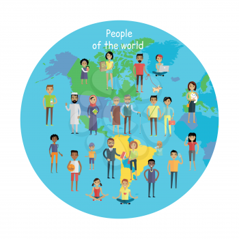 People of the world vector concept. Flat design. Collection of people characters of all ages and human races in national clothes, different poses and variety professions, planet Earth on background