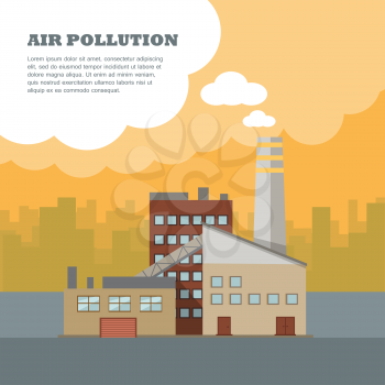 Air pollution banner. Factory with smog pipes isolated on the background of urban city silhouette. Industrial concept. Cause of health problems, acid rains and greenhouse effect. Vector illustration