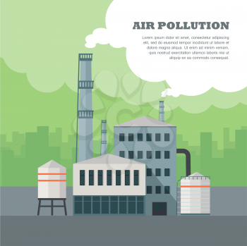 Air pollution concept. Factory building with pipes in flat. Air pollution by smoke coming out of two factory chimneys. Power plant smokestacks emitting smoke over urban cityscape. Vector illustration