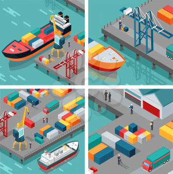 Set of cargo port vector illustrations. Isometric projection. Ships with steel containers standing on the berth at the port, crane, workers, cars shore. For transport or delivery company ad design