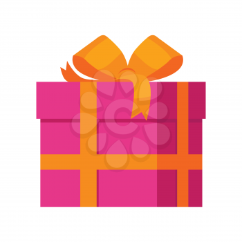 Gift box vector icon in flat style. Packaged with pink paper and orange ribbon present illustration. For application button, infogpaphics elements, logo, web design. Isolated on white background