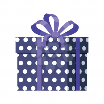 Blue gift box with white dots isolated. Present box with fashionable ribbon and bow. Decorative stylish wrap for presents package. Modern packing product. Gift container web icon sign symbol. Vector