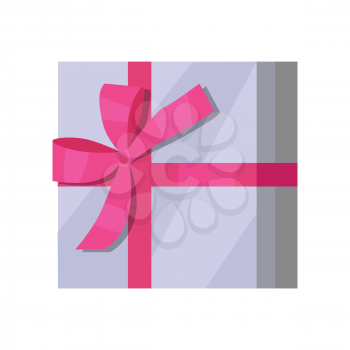 Single gray gift box with pink ribbon in flat design. Beautiful present box with overwhelming bow. Gift box icon. Gift symbol. Christmas gift box. Isolated vector illustration