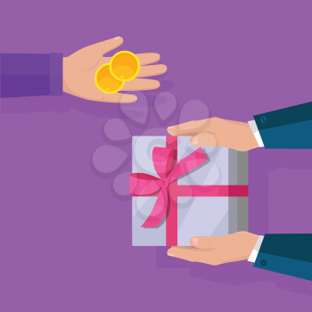 Buying gifts vector in flat design. Surprise in colored box with ribbon. Hands with packed present and coins. For shopping, holiday sales, discounts concepts, event management companies 