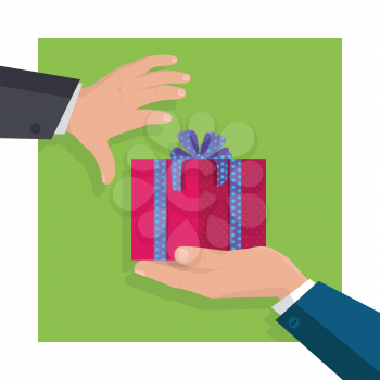 Giving gifts vector in flat design. Surprise in colored box with ribbon. Sale and discount concept. Flat illustration with packed present and men hands. For decoration, event management companies ad