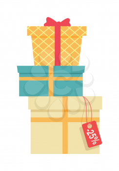 Big pile of colorful wrapped gift boxes. Mountain gifts sale. Beautiful present box with overwhelming bow. Gift box icon. Gift symbol. Christmas gift box. Isolated vector illustration