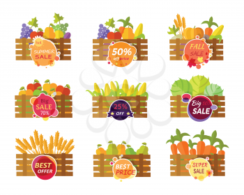 Collection of stickers for grocery sale. Fruits and vegetables sale in wooden boxes. Summer autumn fall sale conceptual banners. Editable element for design. Big sale offer. Vector illustration