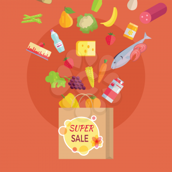 Super sale at grocery conceptual banner. Paper bag and food products falling into the bag. Big sale at the supermarket. Best price on fruits, vegetables, dairy, meat and fish. Big sale offer. Vector