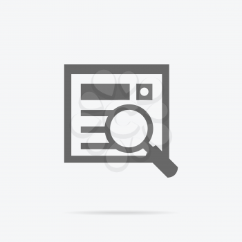 Simple searching icon. Grey line pictogram of magnifying glass and document with shadow under it. Vector illustration for data searching services, applications icons, logo and web page design.