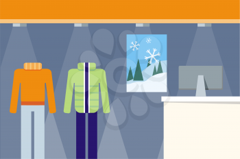 Clothes shop showcase concept vector. Flat design. Seasonal change in store range illustration. Pants, sweater, down jacket on mannequins in shop floor. Picture for flayers, visual ad, web design.