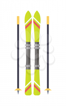 Ski and sticks isolated. Skiing gear set. Assortment of skiing equipment. Narrow strip of semi-rigid material worn under foot to glide over snow. For climbing slopes. Used in sport of skiing. Vector