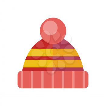 Winter red hat icon. Knitted winter cap. Head covering worn to protect against cold. Fashion accessory. Skier hat. Winter hat and cap. Flat icon winter hat cap. Sheep wool hat. Vector illustration