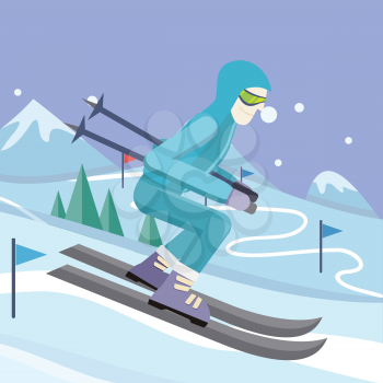 Skier on slope vector illustration. Flat design. Man in ski suit sliding from hill with slalom flags. Winter entertainments, outdoor activity and sport. Extreme slalom. For mountain resort ad 