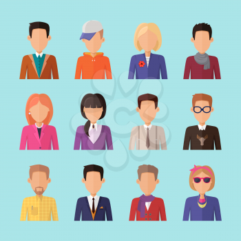 Set of people characters avatar vectors in flat design. Female and male portrait icons. Illustrations for identity in Internet, concepts, app pictograms, infographic. Isolated on blue background. 