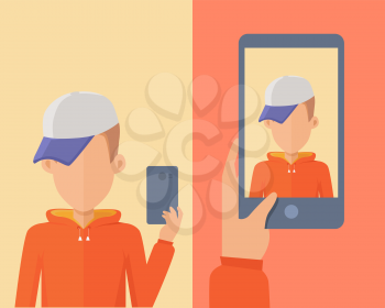 Selfie concept vector. Flat design. Man character with mobile phone in hand making photo and mobile device with portrait on screen. Illustration for mobile photo and web sharing services ad, icons.