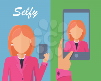 Selfy on smartphone. Young girl taking own self portrait with mobile phone. Modern life with selfie photo camera. Selfie smile concept. Woman shows her photo on displlay. Vector illustration