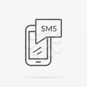 Simple messaging icon. Flat design. Grey line pictogram of SMS abbreviation on mobile device screen with shadow under it . Vector illustration for messaging services and applications.