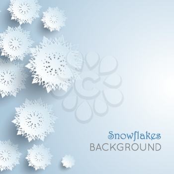 Snowflakes background. New Year and Christmas concept. Winter Xmas theme. Realistic pattern with snowflakes, snow on a sheet of paper. 3D paper silver snowflakes shadow. Place for text. Vector