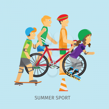Summer sport. Active way of life conceptual banner. Boy skateboarder, girl rollerblading, guy near the bike and runner. People going in for sport. Sportive teenagers poster. Vector