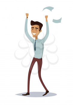 Business success illustration. Flat style design vector. Great deal, good day concept. Happy man with raised hands enjoying his success. Getting result. Isolated on white background.