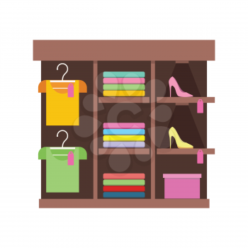 Shelves with clothes in shop. Clothing store illustration. People shopping, marketing people, customer in mall, retail store illustration. Isolated object on white background. Vector illustration.
