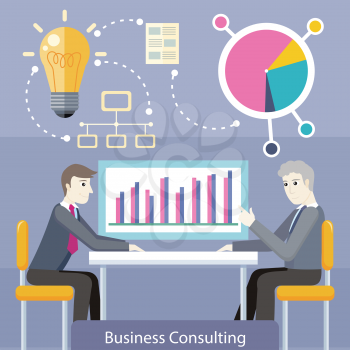 Business consulting concept. flat style. Expert provides advice and analyzes the financial results of the client. Bulb, network, diagram icons. Illustration for consulting company, career courses ad