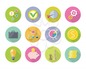Set of business flat style vector icons. Briefcase, network, target, coin, bulb, piggybank, chess, diagram, gear, tick pictures for app buttons, infogpaphics logo web design On white background