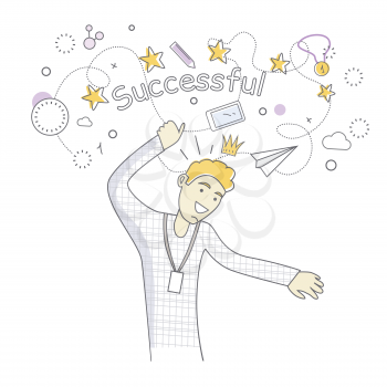 Happy man dancing. Man dancing icon. Successful man having fun and dancing. Man rejoices, celebrates his victory, success, winner. Successful banner. Line art. Isolated object on white background.