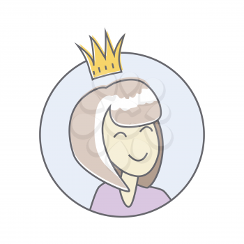 Girl in crown avatar userpic isolated on white background. Office star. Best worker of the week month year. Leader in the office work. Person with the crown. Queen of the office. Vector illustration