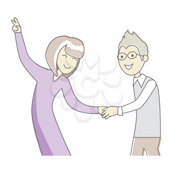 Man and women dancing. People good friends. Close friendship concept. Banner with happy successful people. Funny students together. Business partners at the party having fun. Vector illustration