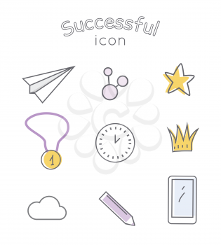 Successful icons set. Paper plane star medal clock crown cloud pen mobile phone. Things that bring good luck. Favourite items in the office work. Indispensable things. Vector illustration