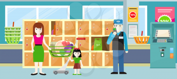 People in supermarket interior design. Mother and daughter standing near storage shelves. Security controls the order in the mall. People shopping, marketing, customers in shop. Vector illustration