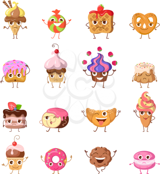 Set of funny dancing sweets. Flat design. Colorful confectionery bake cartoon in different mood smiling, laughing, lost, upset, drowsiness, happy, joyful, angry. For restaurant menu illustrating 