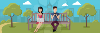 Internet addiction vector illustration. Flat design. Man and woman seating on bench in city park with computer and mobile phone in hand. People online communication, mobile internet technology concept