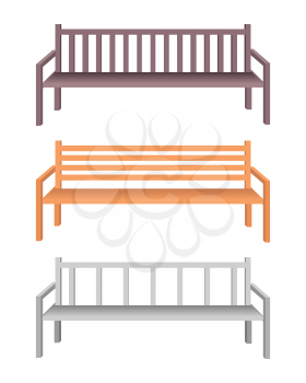 Set of park bench. Brown wooden and silver metal bench icon. One isolated outdoor bench. City object in flat. Simple drawing. Isolated vector illustration on white background.