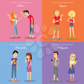 Human temperament fundamental personality types. Sanguine optimistic and social, choleric short-tempered or irritable, melancholic analytical and quiet, phlegmatic relaxed and peaceful. Vector.