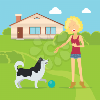 Sanguine temperament type girl playing on the yard with her adorable dog. Happy and cheerful woman having fun with pet. Optimistic and social person near native home. Vector illustration in flat style