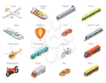 Collection of transport icons. Vector in isometric projection. 3d illustrations of road, railway, flying, water, personal, public and commercial transport with caption. For ad design, app icons, games