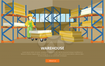 Warehouse conceptual vector web banner. Flat style. Man in uniform working with goods in storage.  Illustration for delivery online services, startups, corporate web sites, landing pages design 