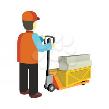 Worker in uniform and helmet with cargo cart. Warehouse and forklift truck, truck and jack, cargo cart, delivery and lift, equipment industry, industrial loader. Delivery and shipping cargo