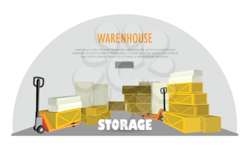 Warehouse storage web banner. Storage warehouse with boxes. Unit of warehouse interior, boxes, storage building, industrial storehouse, cargo and interior, distribution and shelf. Vector illustration