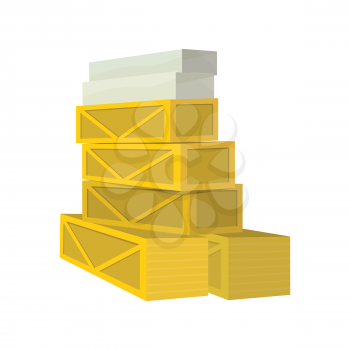 Cardboard boxes and wooden crates stacked in a pile. Vector in flat style. Transportation and saving goods in warehouse, shop storage. Illustration for delivery, postal companies ad. Isolated on white