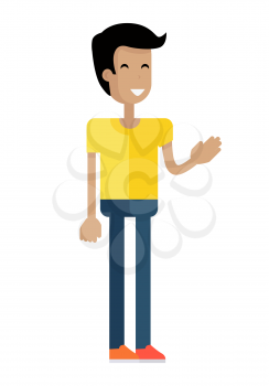 Man with black hair and in yellow T-shirt and blue pants. Hand gesture. Smiling young man personage in flat design isolated on white background. Vector illustration.