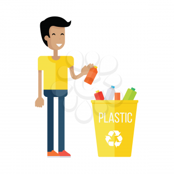 Waste recycling concept. Boy in yellow t-shirt and blue pants taking out the trash in yellow recycle garbage bin with plastic. Sorting process different types of waste. Environment protection.