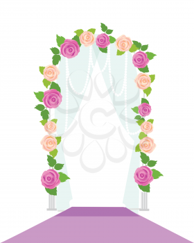 Wedding arc door with flowers isolated on white. Romantic gentle element for wedding design. Wedding decor fashion interior. Decoration with roses. Save the date archway. Memorable great day. Vector